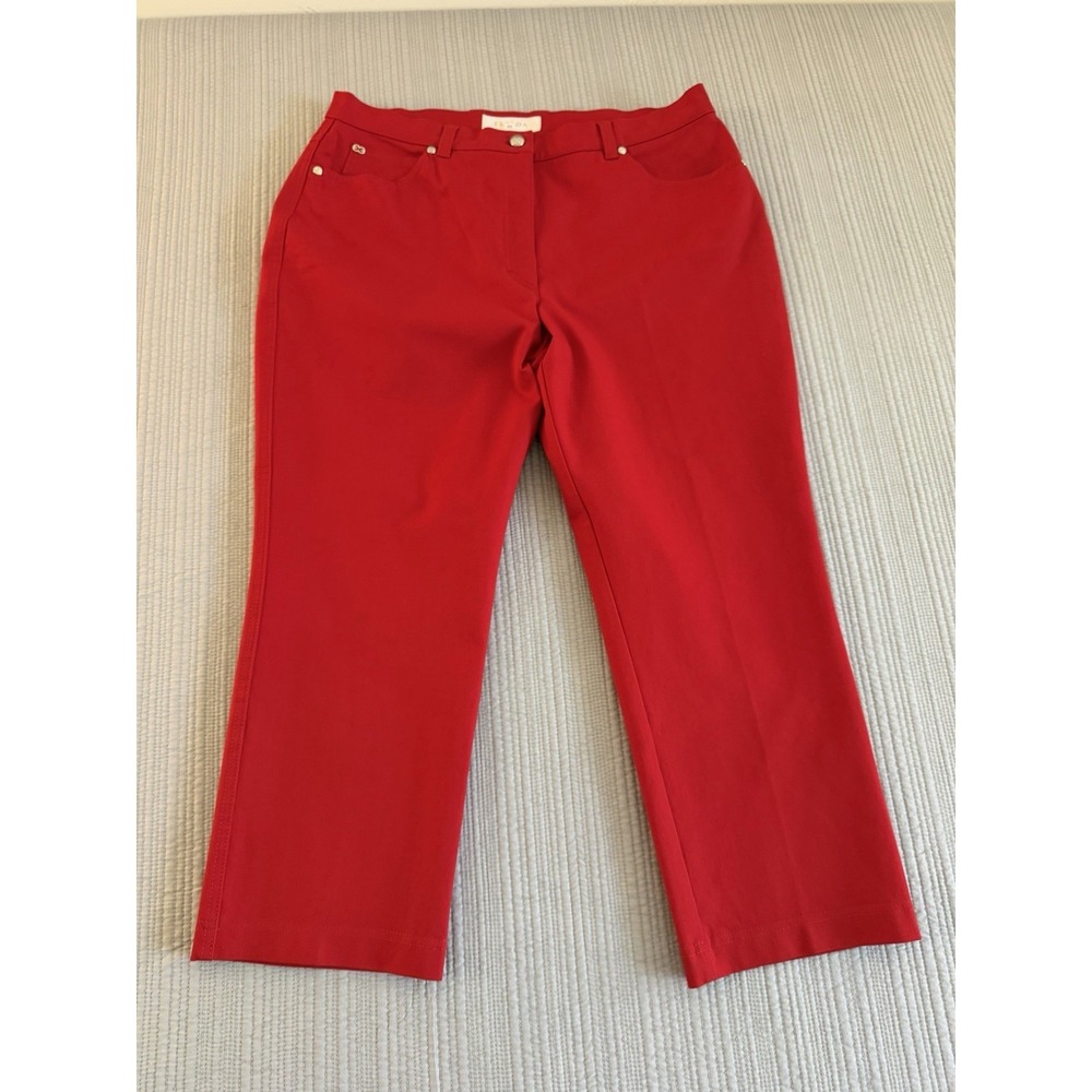 Escada Red Cotton Twill High Rise Straight Leg Pants Button Zip Logo Women  EU44